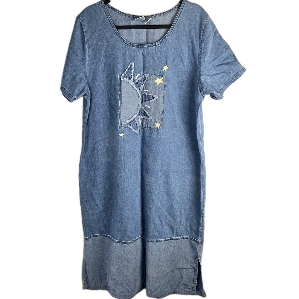 Vtg Bleu Bayou Blue Denim Midi Dress Womens XL Celestial Artsy Whimsical Novelty